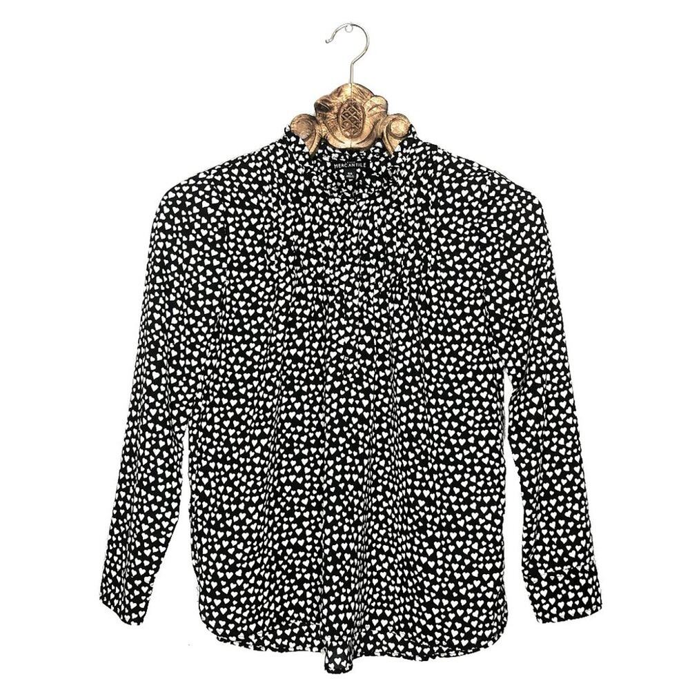 J. Crew Mercantile Heart Pattern High Neck Pleated Yoke Blouse Black White 00